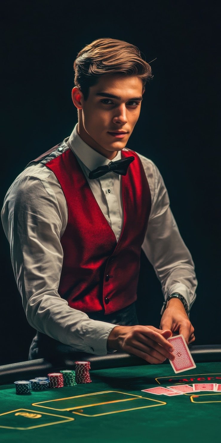 Dealer profesional dalam sesi Live Roulette kami Dealer kasino langsung memutar roda roulette dalam sesi live di jajan slot